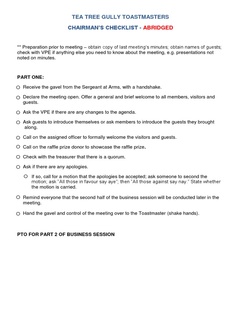 Chairman's Checklist Abridged | PDF | Government