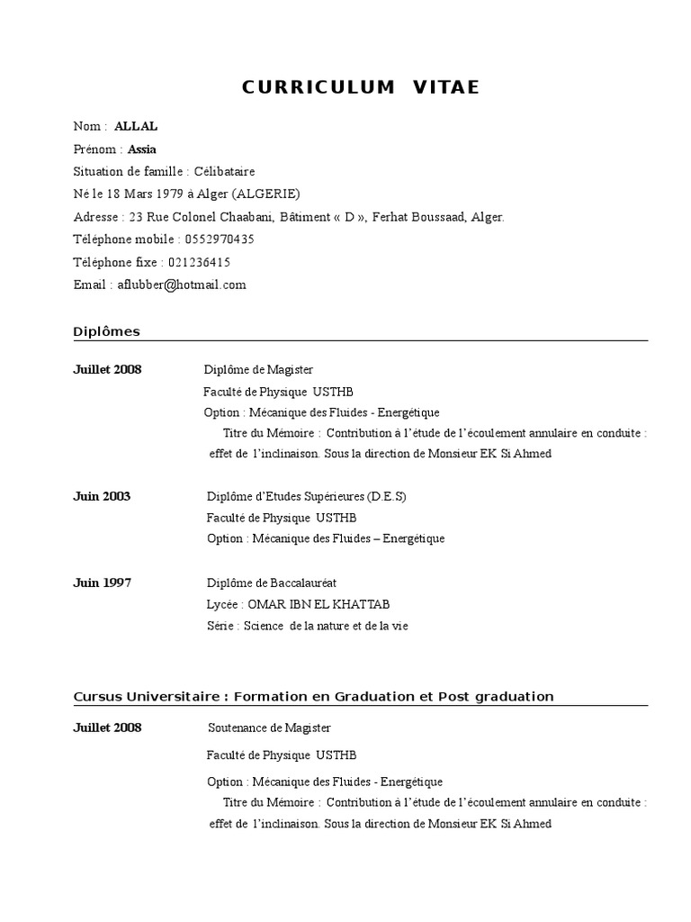 Curriculum Vitae Usthb