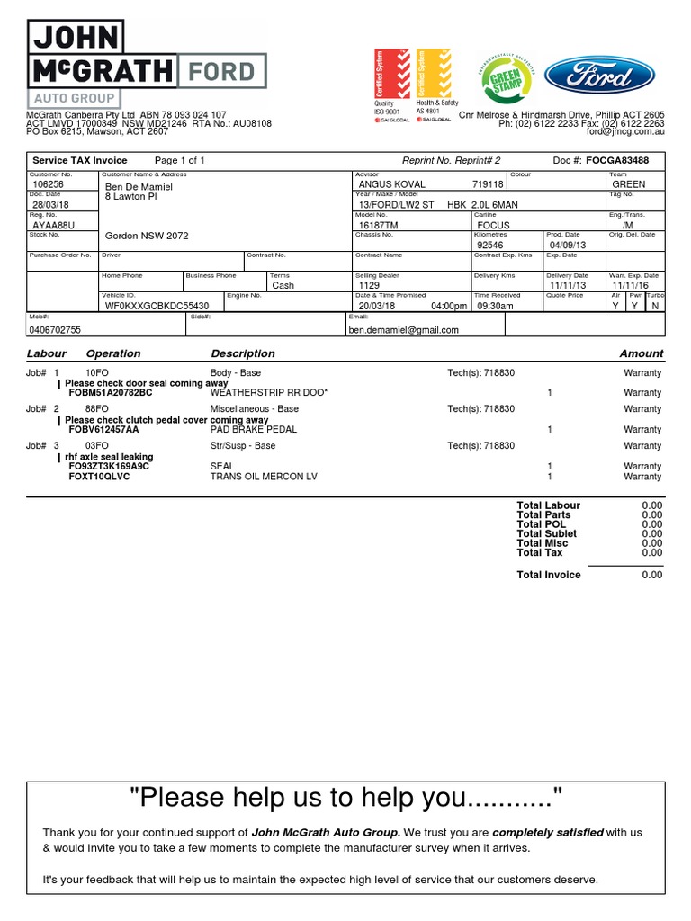 ServiceInvoice FOCGA83488 | PDF | Car Body Styles | Automotive Technologies