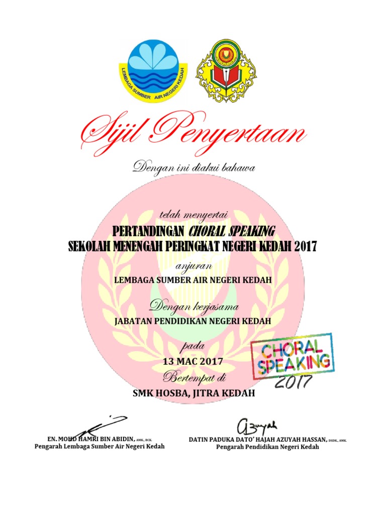 Sijil Penyertaan Choral Speaking 2017
