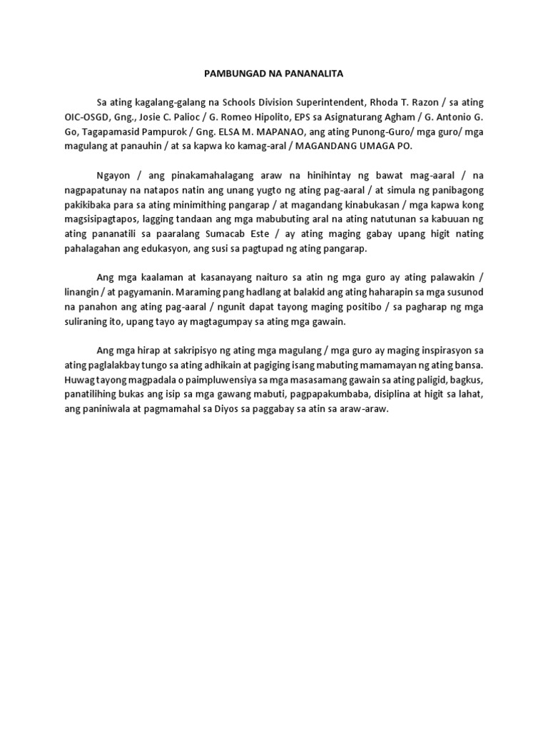 Pambungad Na Pananalita Pdf