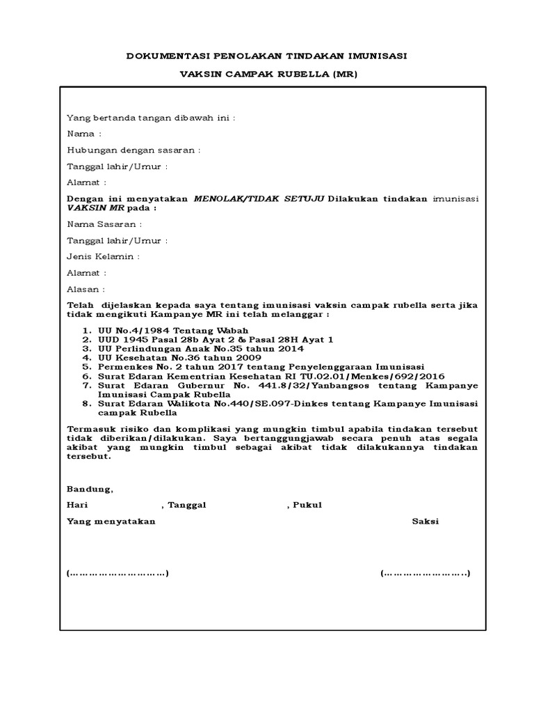 Surat Penolakan Tindakan Imunisasi