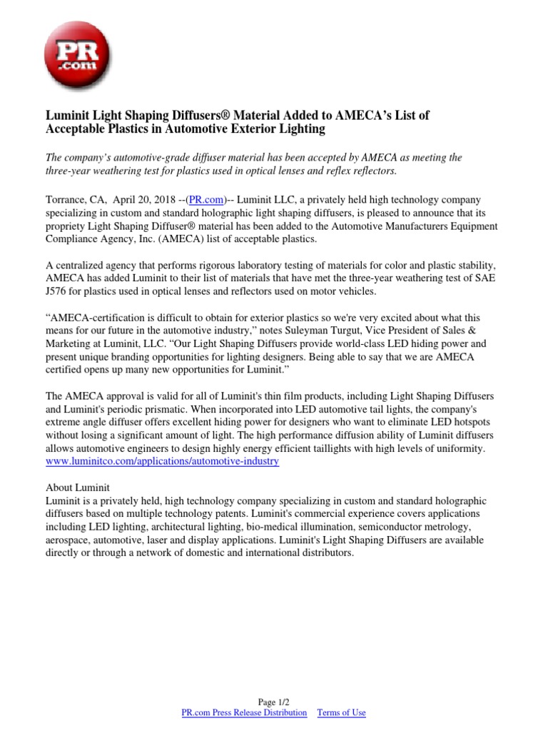 Luminit Light Shaping Diffusers® Material Added To AMECA's List of ...