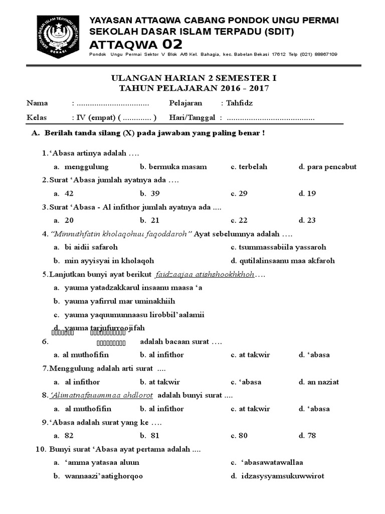 Soal Ulhar 2 Tilawah Tahfidz Kelas 4 Th 2016 Pdf