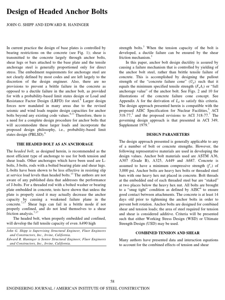 Design of Headed Anchor Bolts PDF Screw Strength Of Materials
