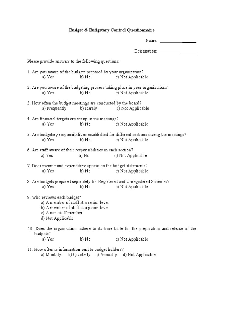 Questionnaire On Budgetary Control Budget Budgets And Budgeting
