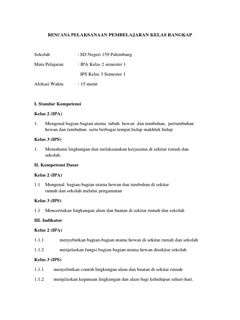 Rpp Kelas Rangkap Kls 1 Dan 2