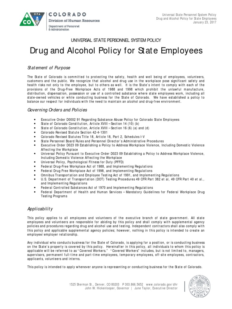 Universal Policy Drug and Alcohol Policy For State of Colorado ...