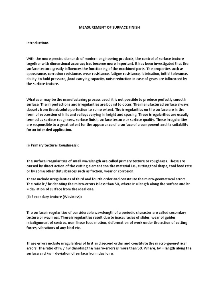 Measurement of Surface Finish PDF Surface Roughness Wear