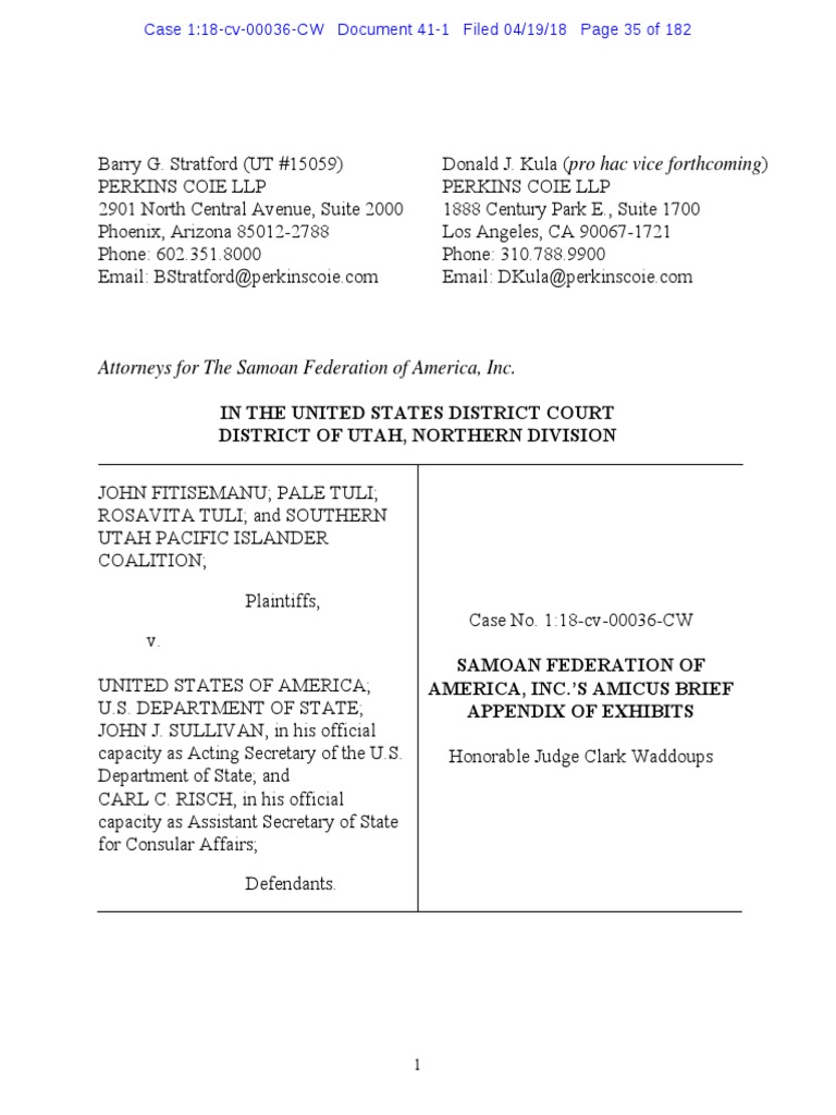 Fitisemanu Samoan Federation Amicus Brief Appendix Of Exhibits U S State Amicus Curiae