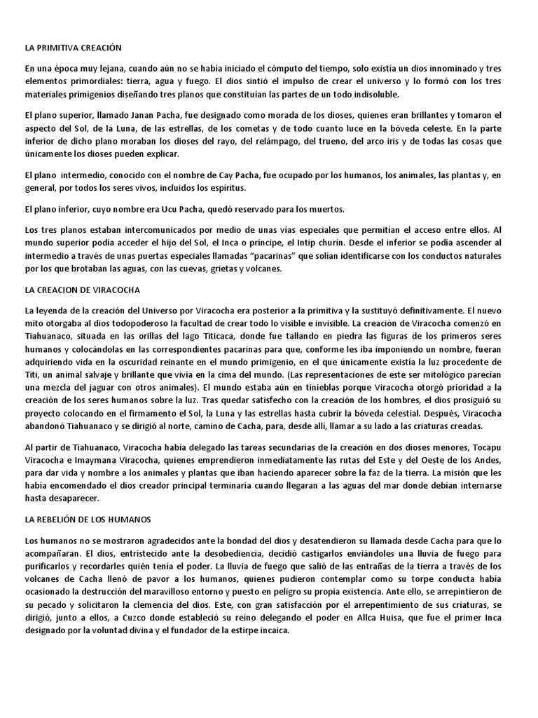 Cosmogonía Inca: Mito de Viracocha | PDF | Mitos de la creación ...