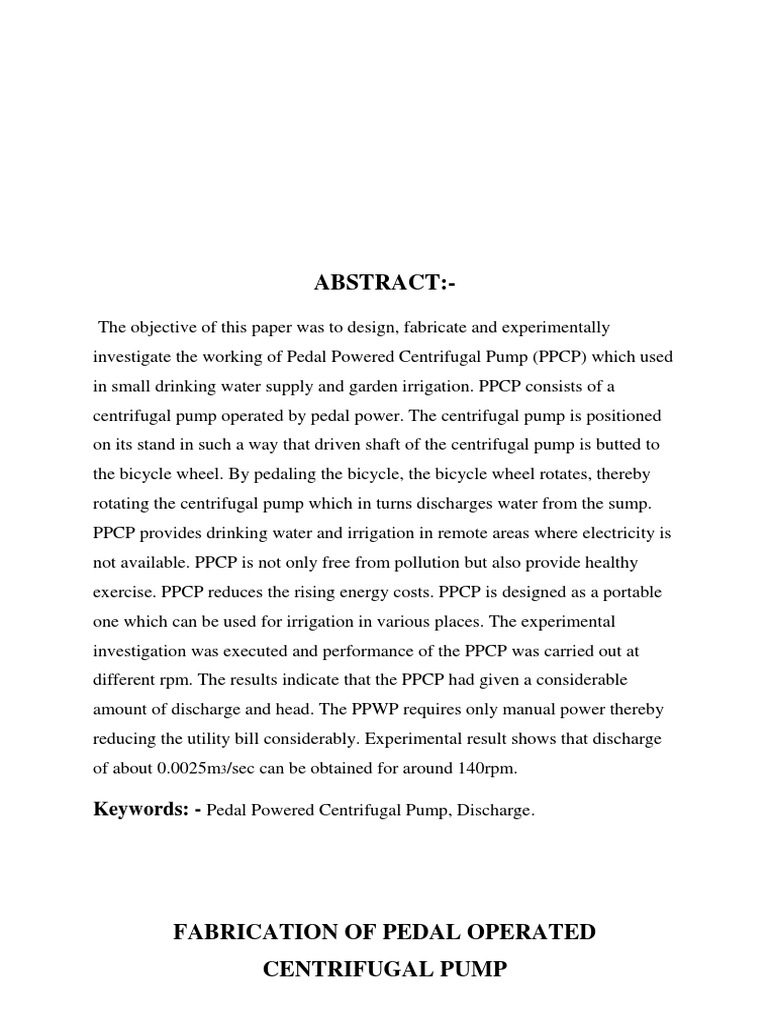 Fabrication of Pedal Operated Centrifugal Pump Report PDF Pump