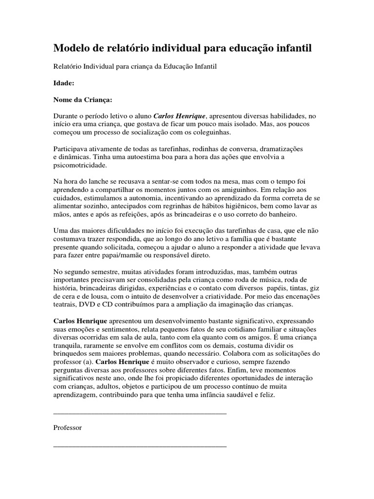 Modelo de Relatório Individual para Educação Infantil em WORD ...