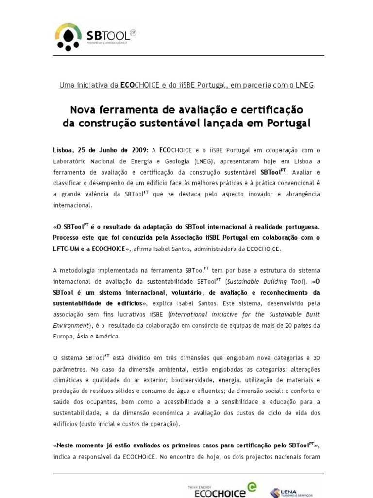 Lançamento do SBToolPT em Portugal | PDF | Portugal | Sustentabilidade