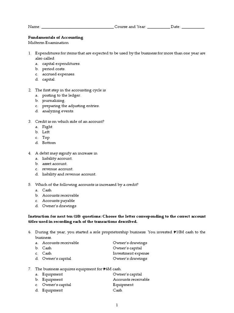 Accounting Midterm Exam Questions | PDF | Debits And Credits | Expense