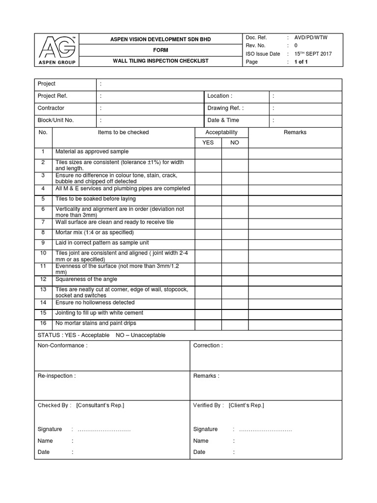 Wall Tiling Inspection Checklist PDF Engineering Building Engineering