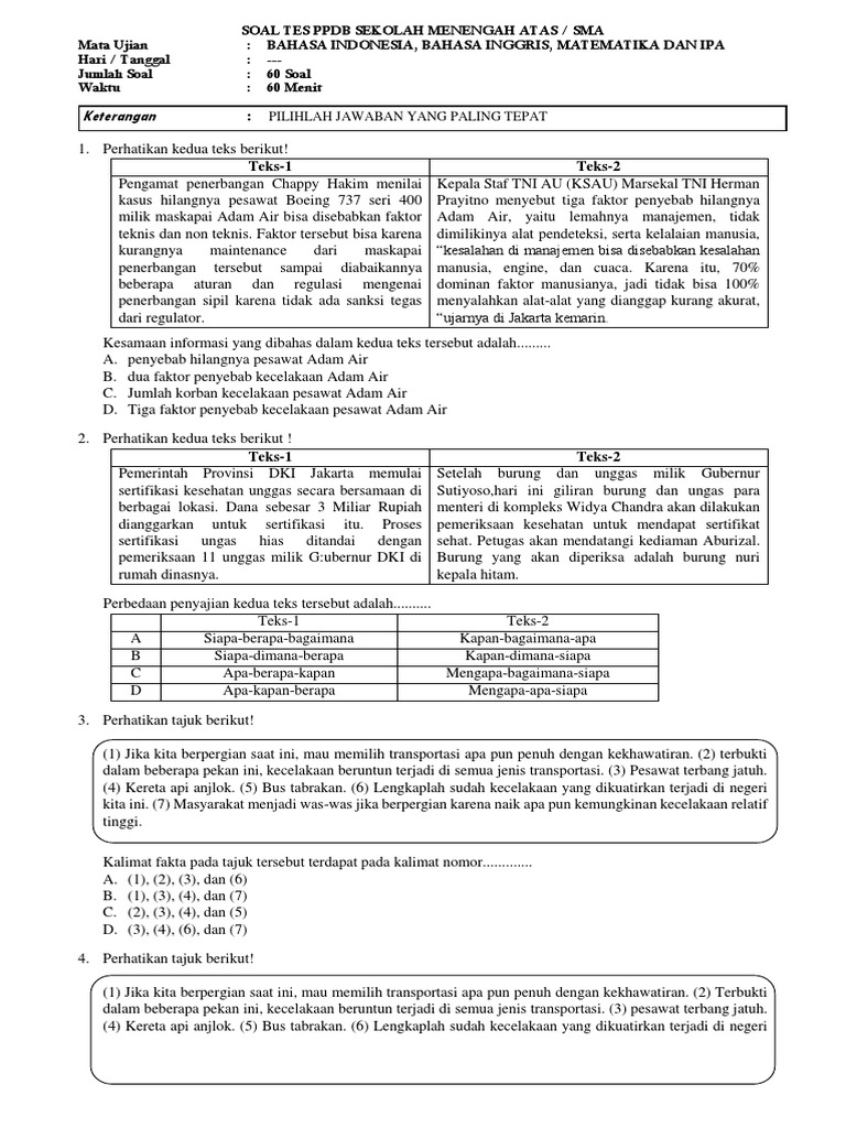 Soal Tes Ppdb Sma Ipa Matematika Bahasa Inggris Indonesia Pdf