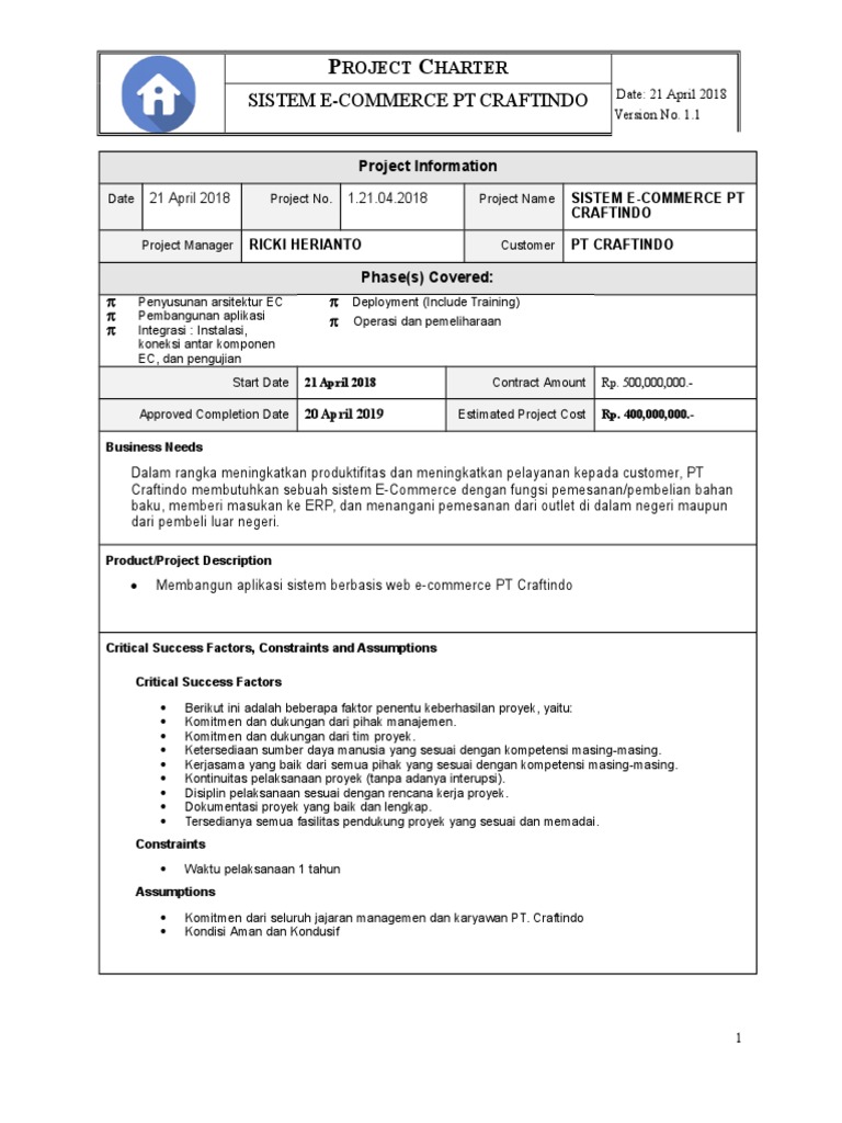 Project Charter Sistem E-Commerce Craftindo | PDF | Bisnis