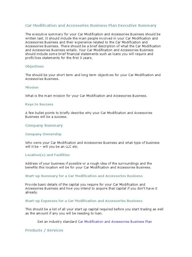 Car Modification and Accessories Business Plan Executive Summary PDF