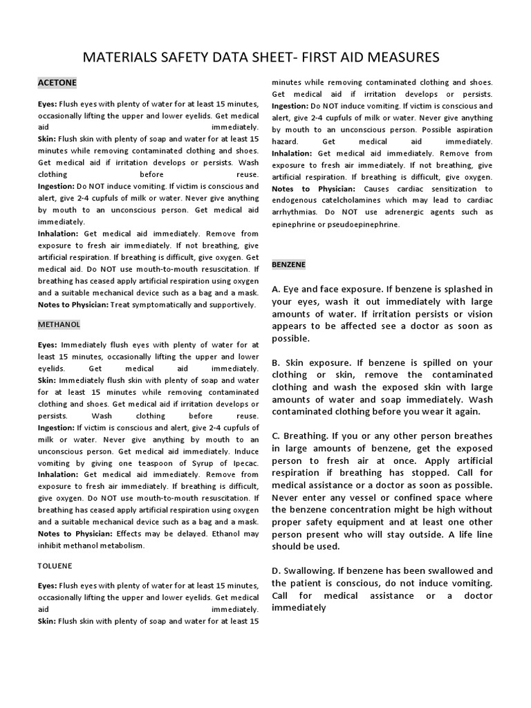 Materials Safety Data SheetFirst Aid Measures Acetone PDF