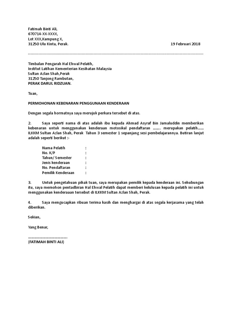 Contoh Surat Sokongan Ibubapa Pelatih Bagi Kebenaran Membawa Kenderaan Ke Kolej Pdf