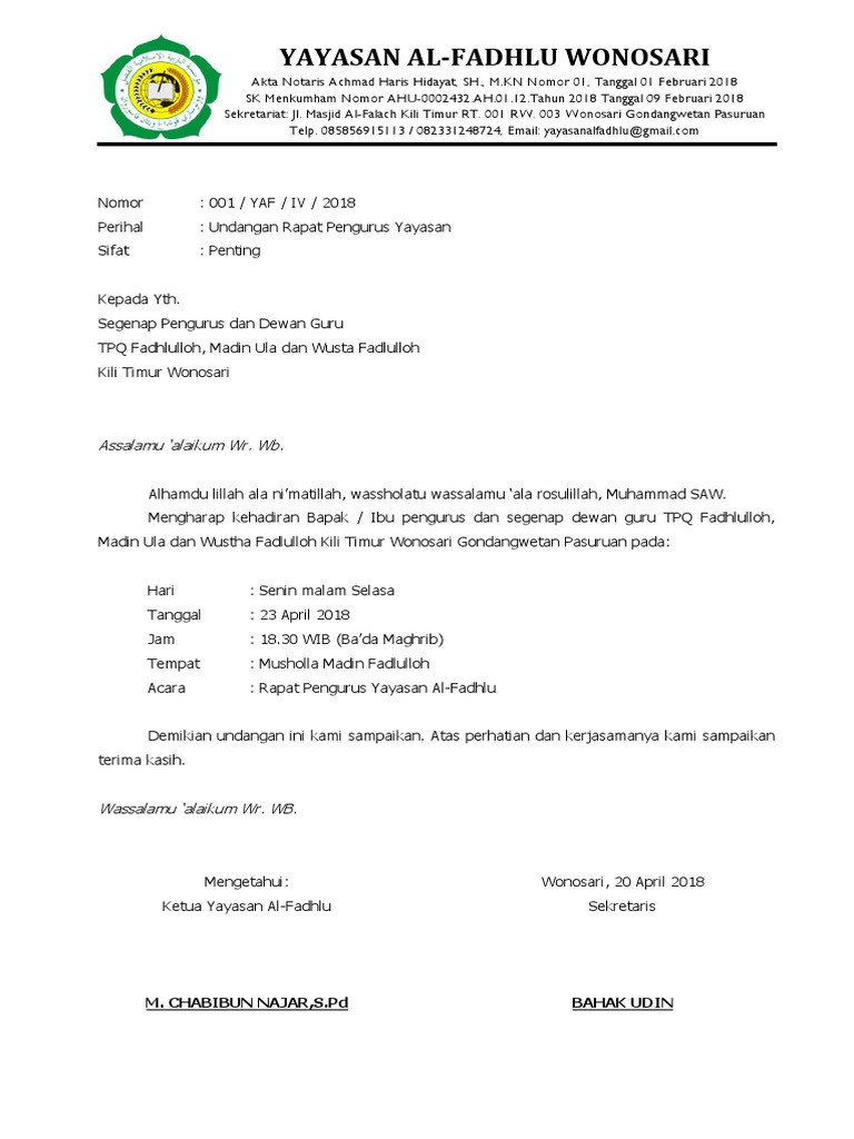 Contoh Surat Undangan Rapat Yayasan Contoh Surat - Riset