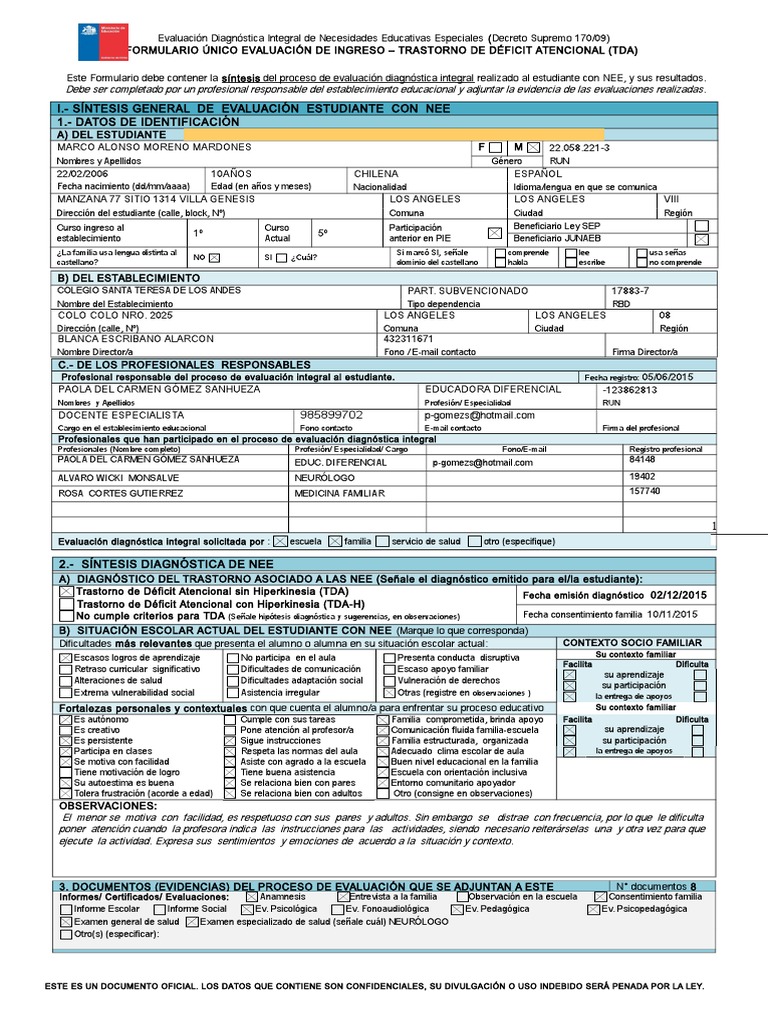 Evaluación TDA y Necesidades Educativas | PDF | Desorden hiperactivo y ...