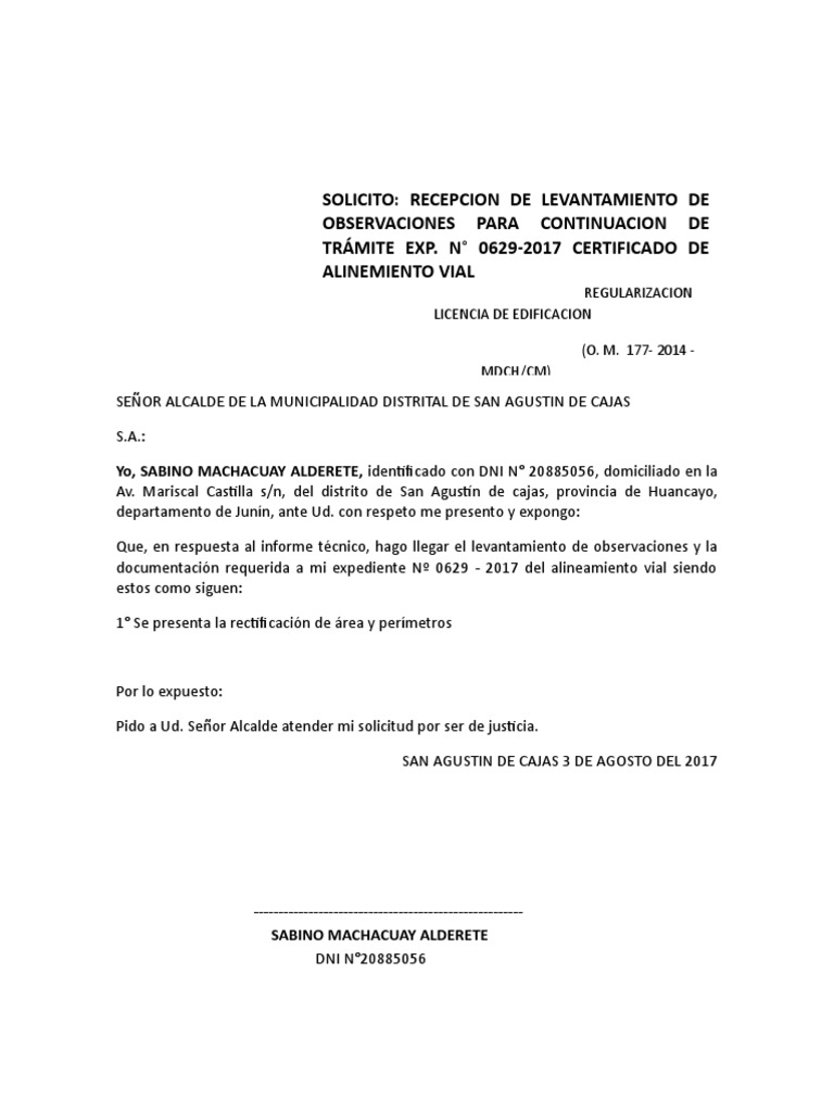 Solicitud Levantamiento De Observaciones Sabino Machaguay Pdf
