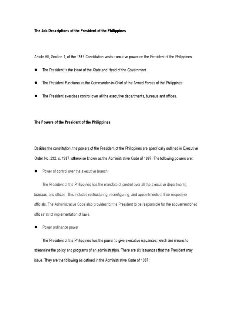 The Job Descriptions of The President of The Phili PDF President Of