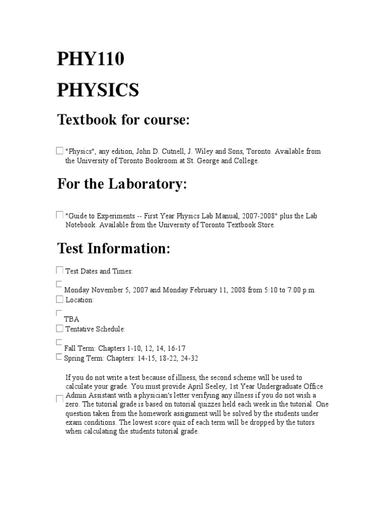PHY110 Course Syllabus 2007-08 | PDF | Physics | Temporal Rates