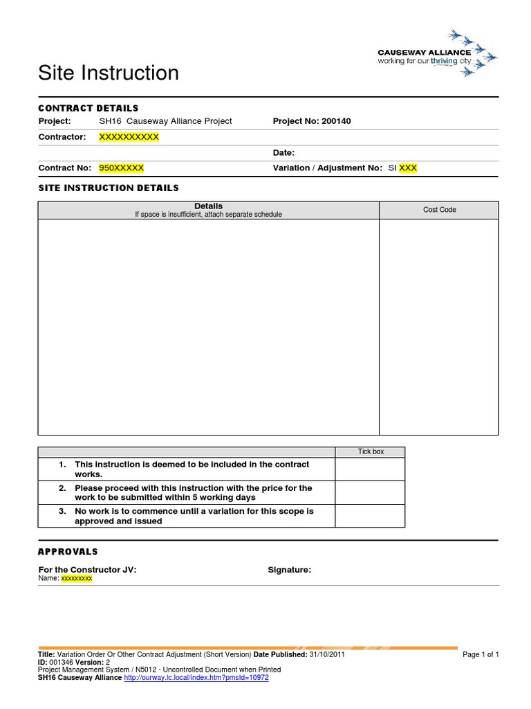 Site Instruction Template for Contracts | PDF