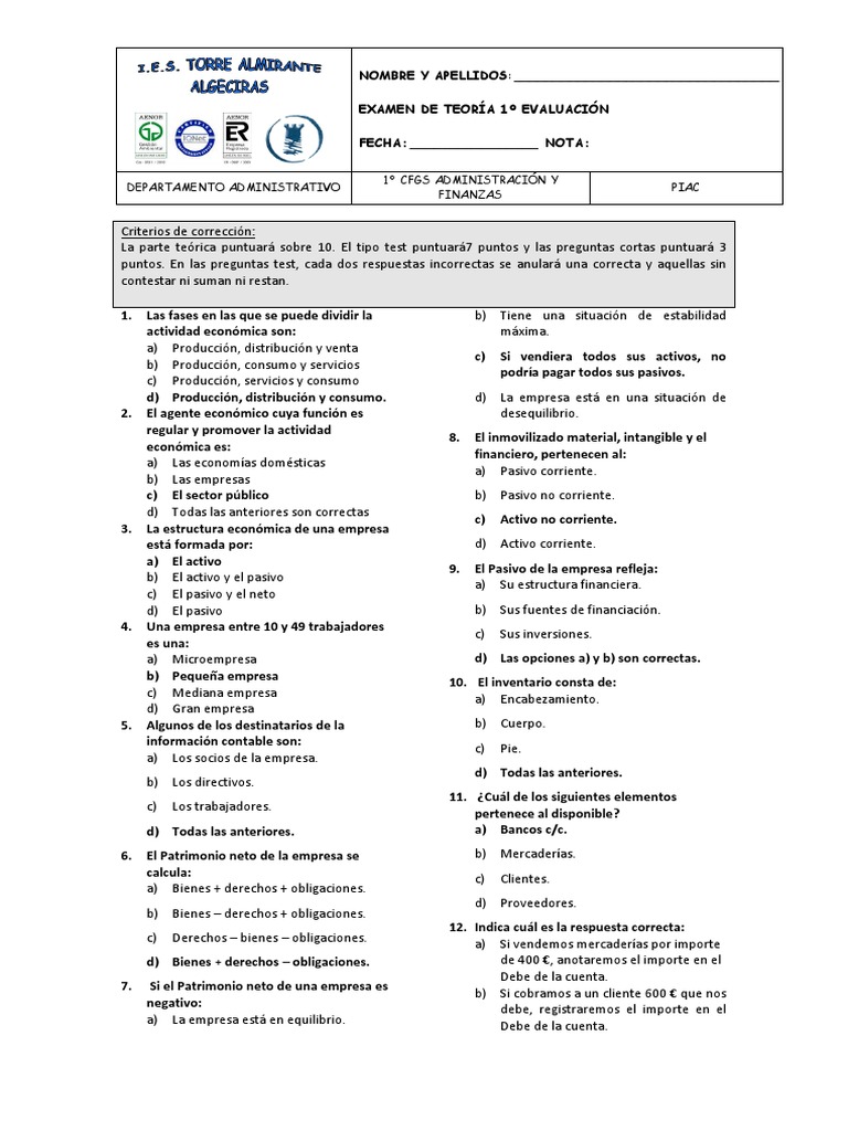 Examen Teórico 1º Evaluación Piac (Contab) (R) PDF Hoja de balance