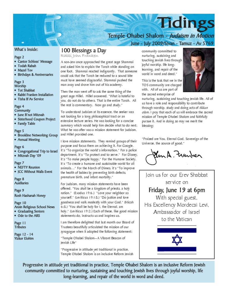 June-July 2009 Tidings Newsletter, Temple Ohabei Shalom | PDF ...