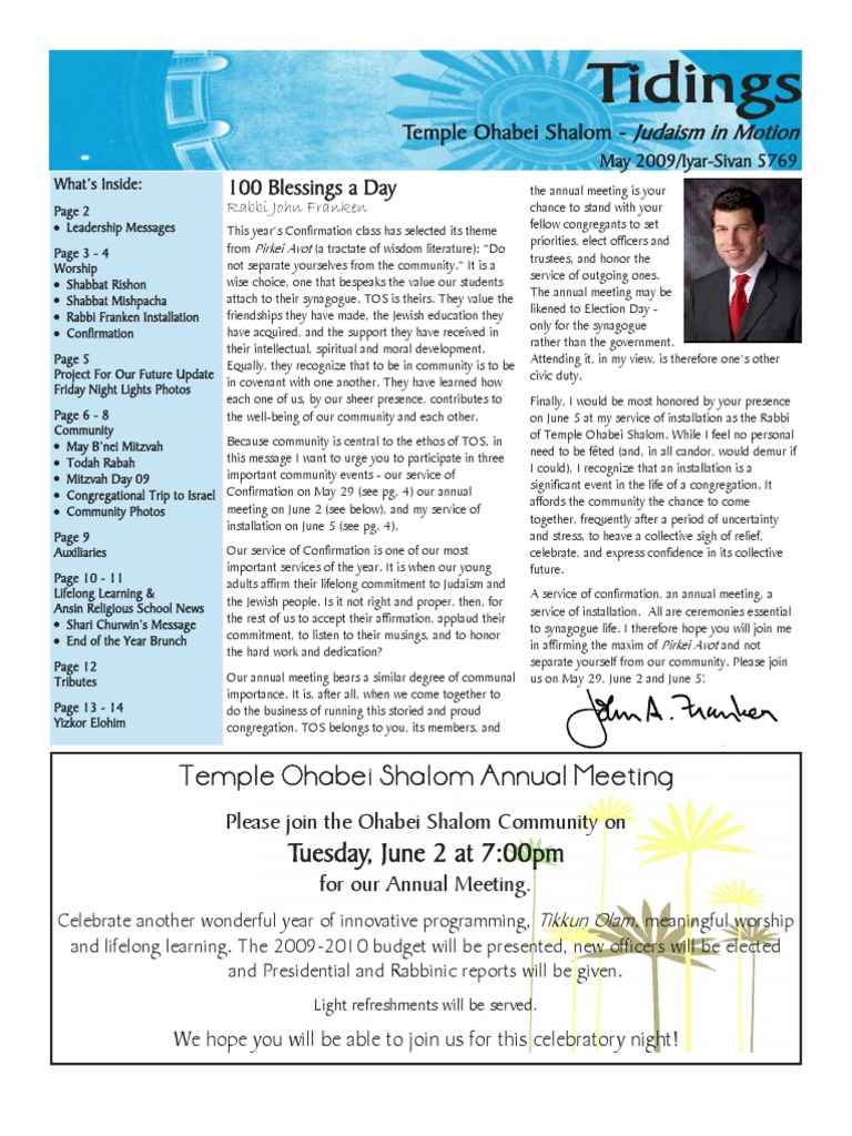 May 2009 Tidings Newsletter, Temple Ohabei Shalom | PDF | Reform ...
