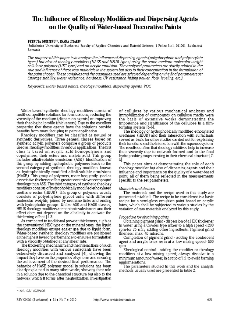 The Influence of Rheology Modifiers and Dispersing Agents On The