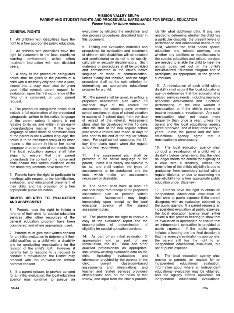 Mission valley selpa parent and student rights and procedural