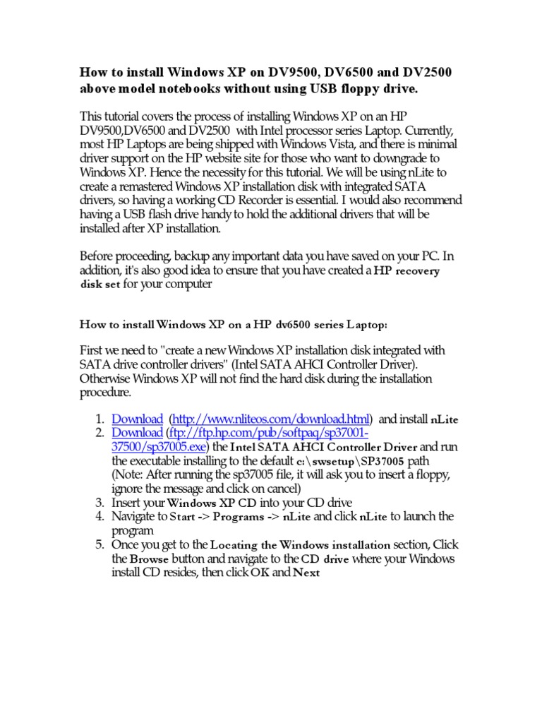 Install Windows XP on HP DV Notebooks | PDF | Computing Platforms ...
