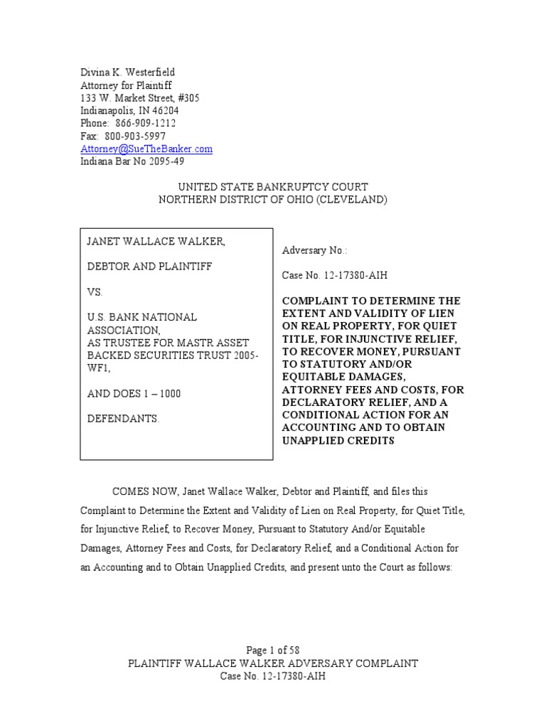 Complaint Adversarial Proceeding Bankruptcy Pdf Mortgage Loan