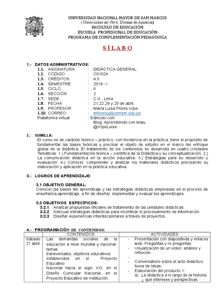 Sílabos de Didáctica General UNMSM | PDF | Maestros | Aprendizaje