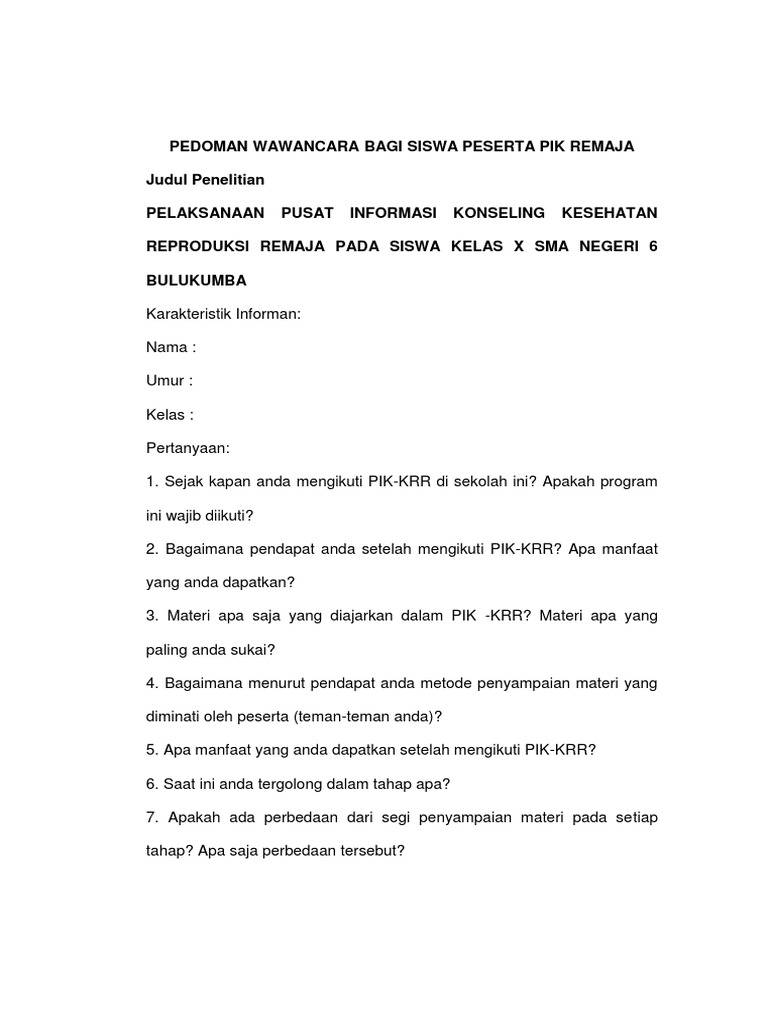 Pedoman Wawancara Bagi Siswa Peserta Pik Remaja