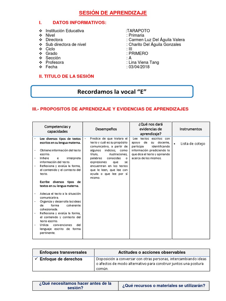 Sesión de Aprendizaje: Vocal E para Primer Grado | PDF | Educación ...