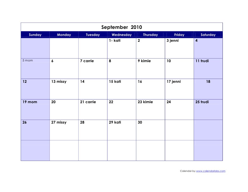 September 2010 Calendar Example | PDF