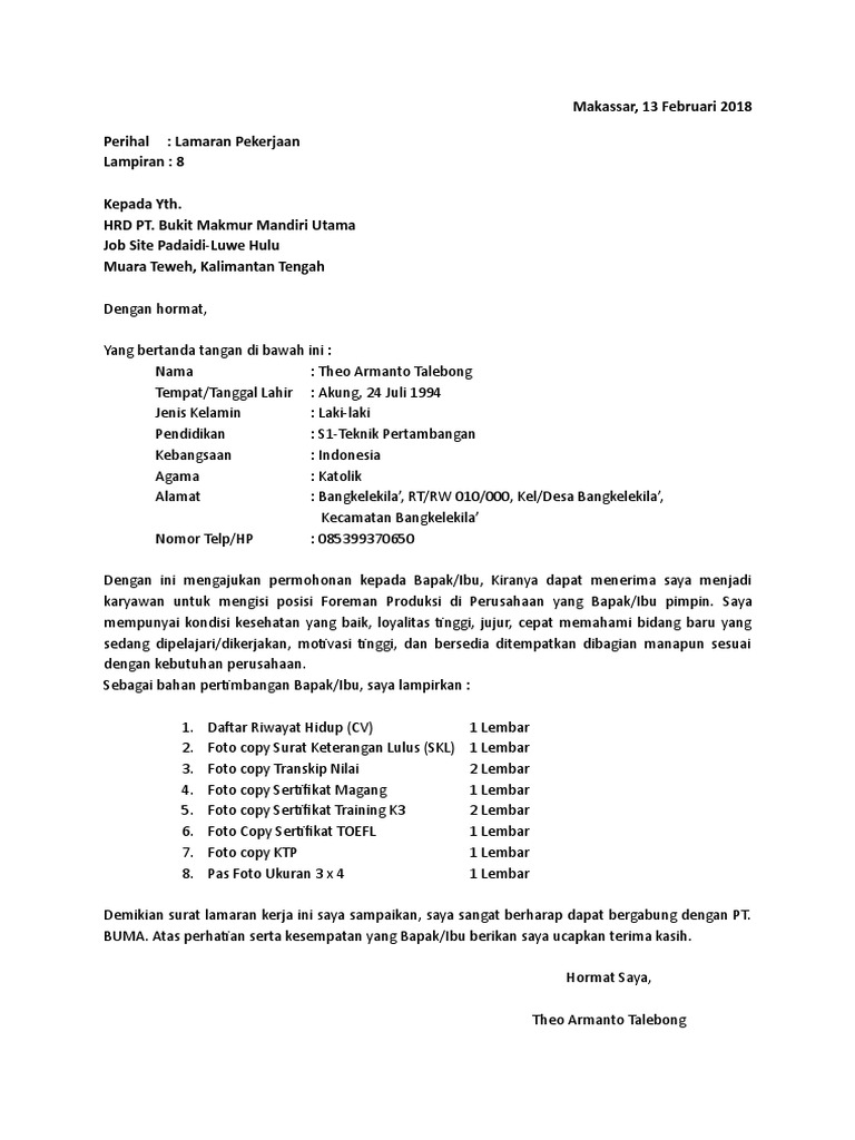 Surat Lamaran Theo Pt Buma Pdf