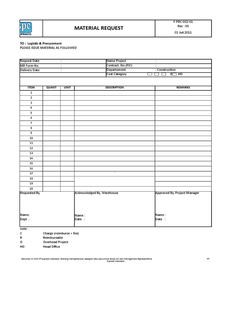 Material Request: TO: Logistic & Procurement | PDF