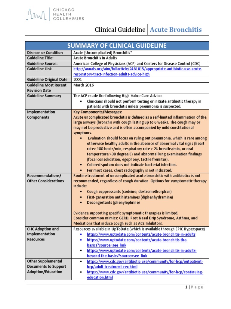 Summary Acute Bronchitis 2018 Final Cough Bronchitis