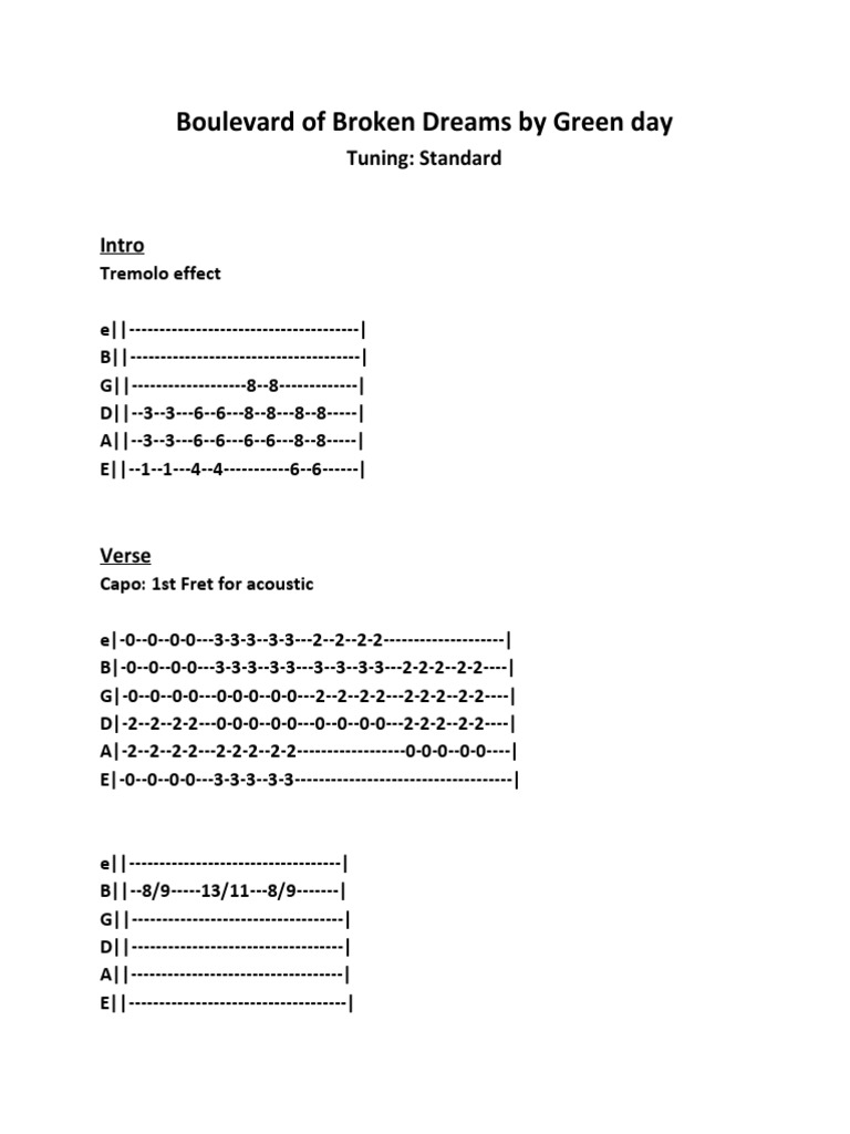 Boulevard of Broken Dream Guitar Tab PDF Guitars Chordophones