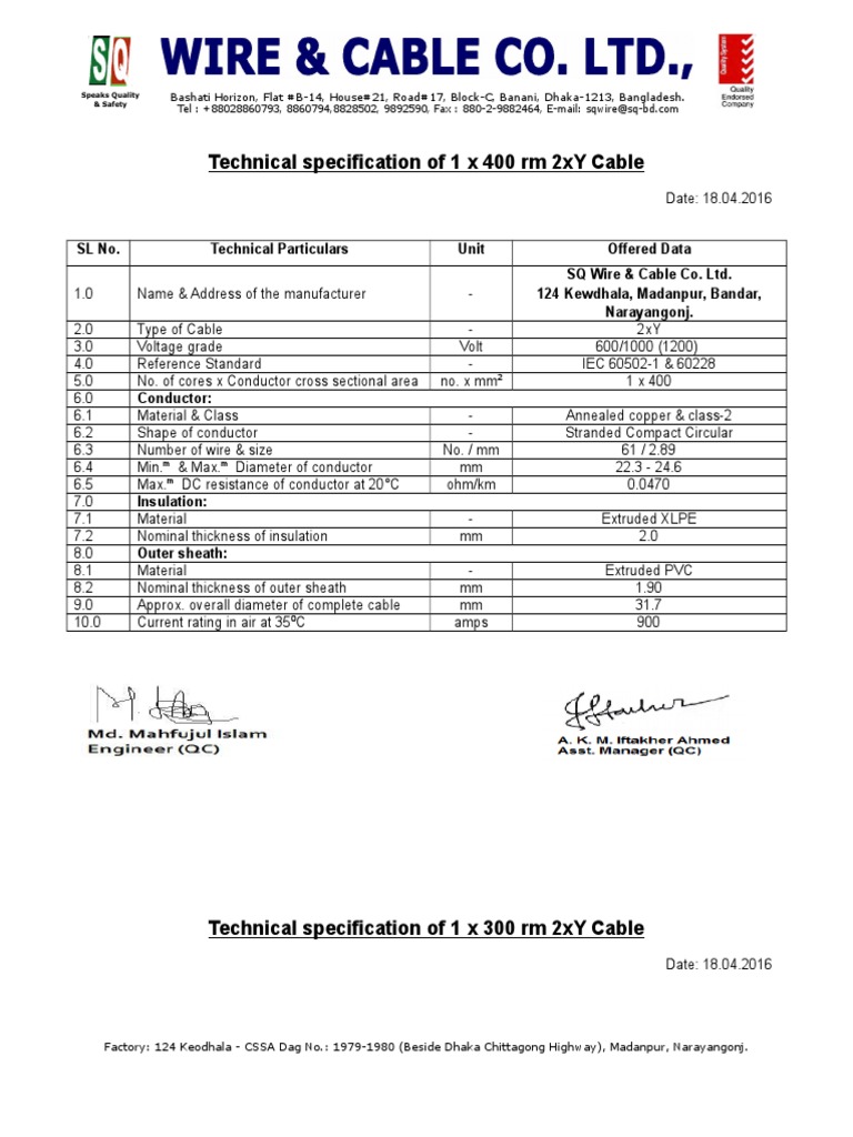 2xY Cable Technical Specifications | PDF | Electrical Conductor ...
