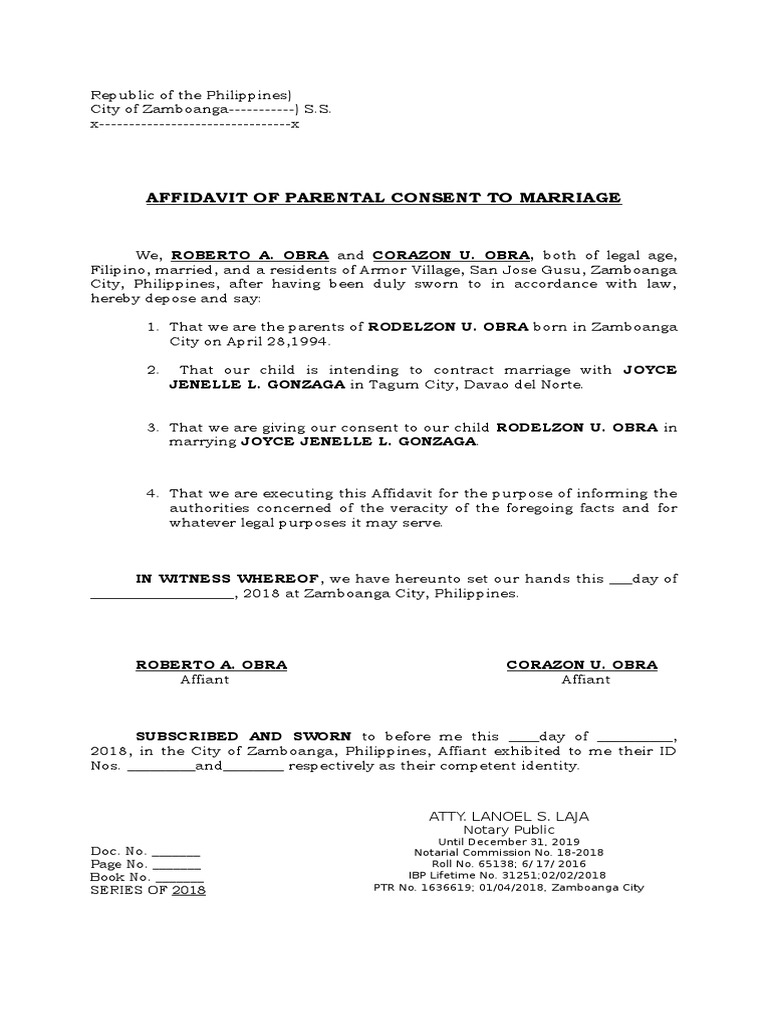 Parental Consent Affidavit for Marriage | PDF