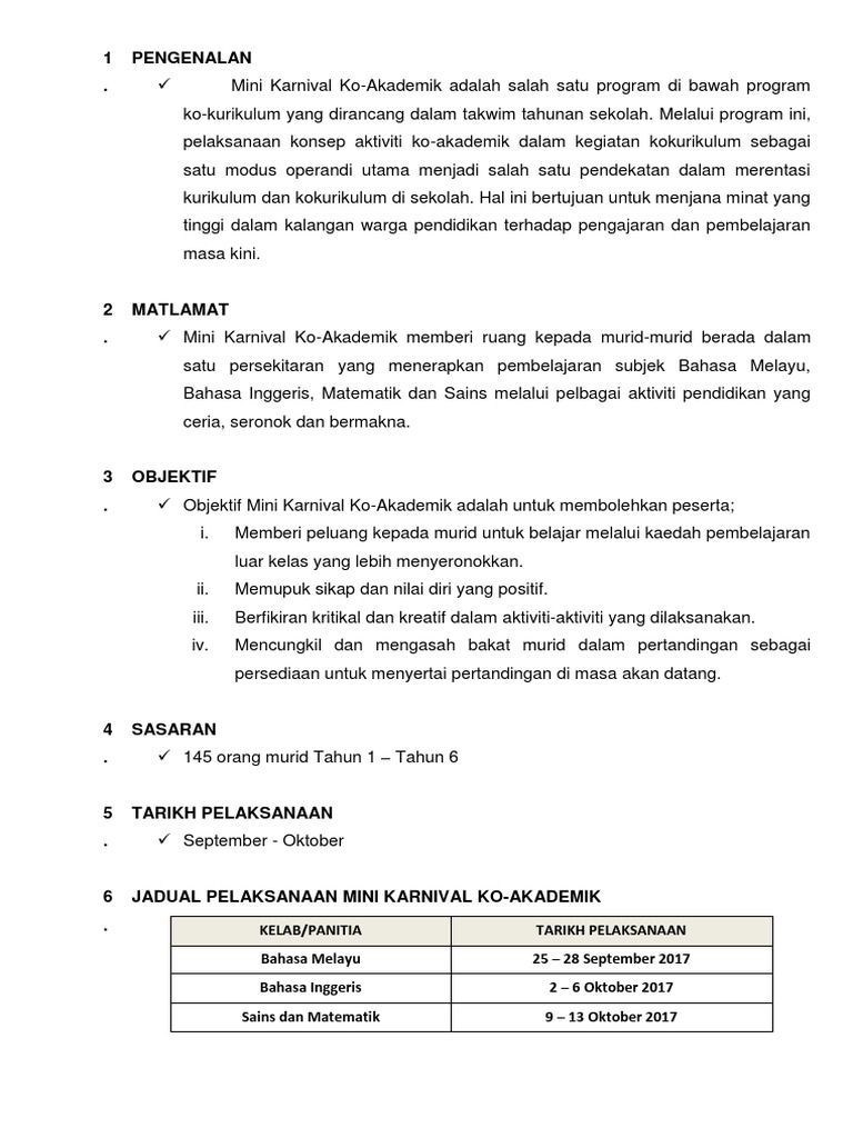 Kertas Kerja Mini Karnival Ko Akademik Pdf