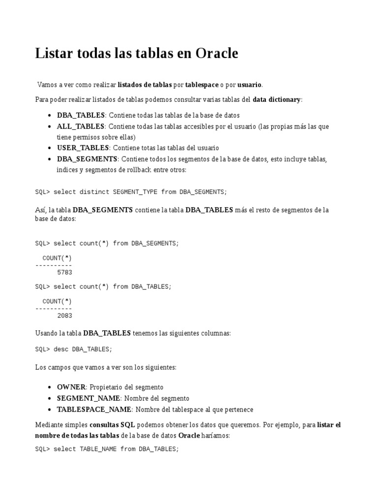 Listado de tablas en Oracle | PDF | Tabla (base de datos) | SQL